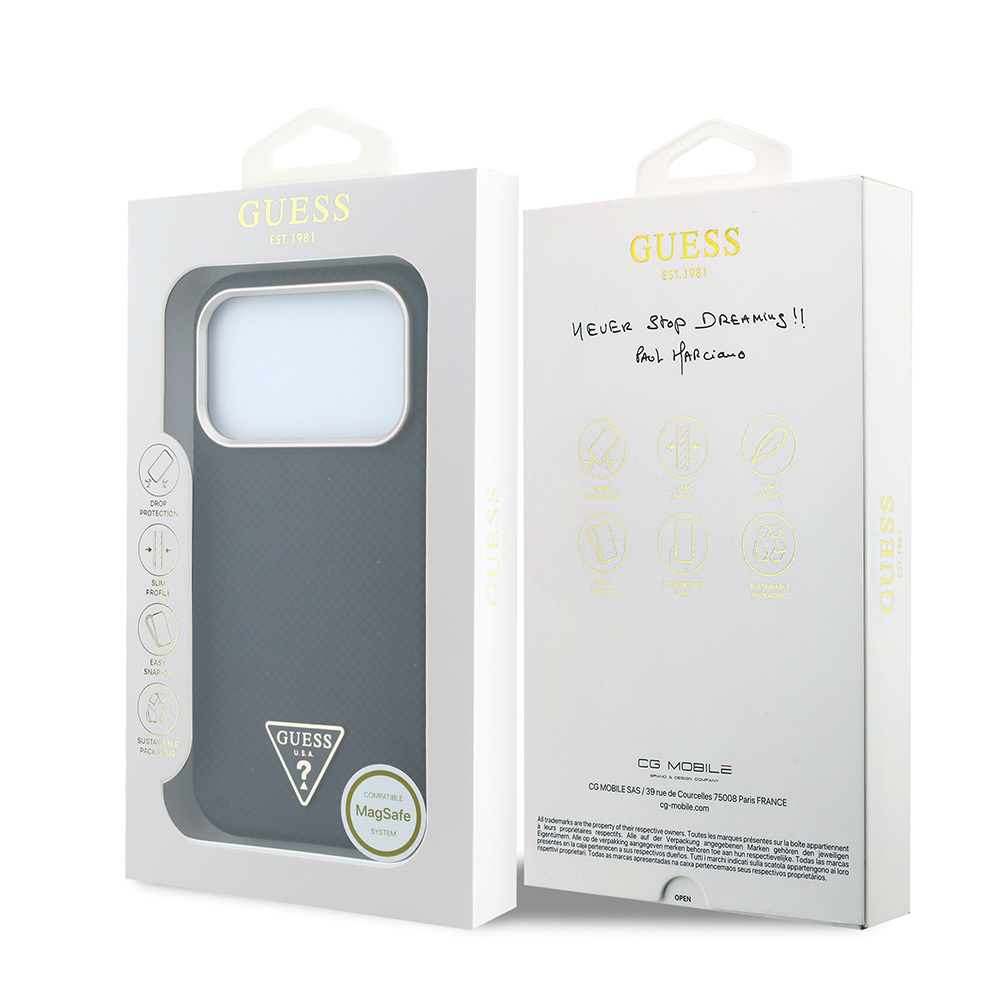 Apple iPhone 18 Pro Kılıf Guess Orjinal Lisanslı M-safe Şarj Özellikli PU Metal Üçgen Logolu Karbon Fiber Kevlar Kapak - 7