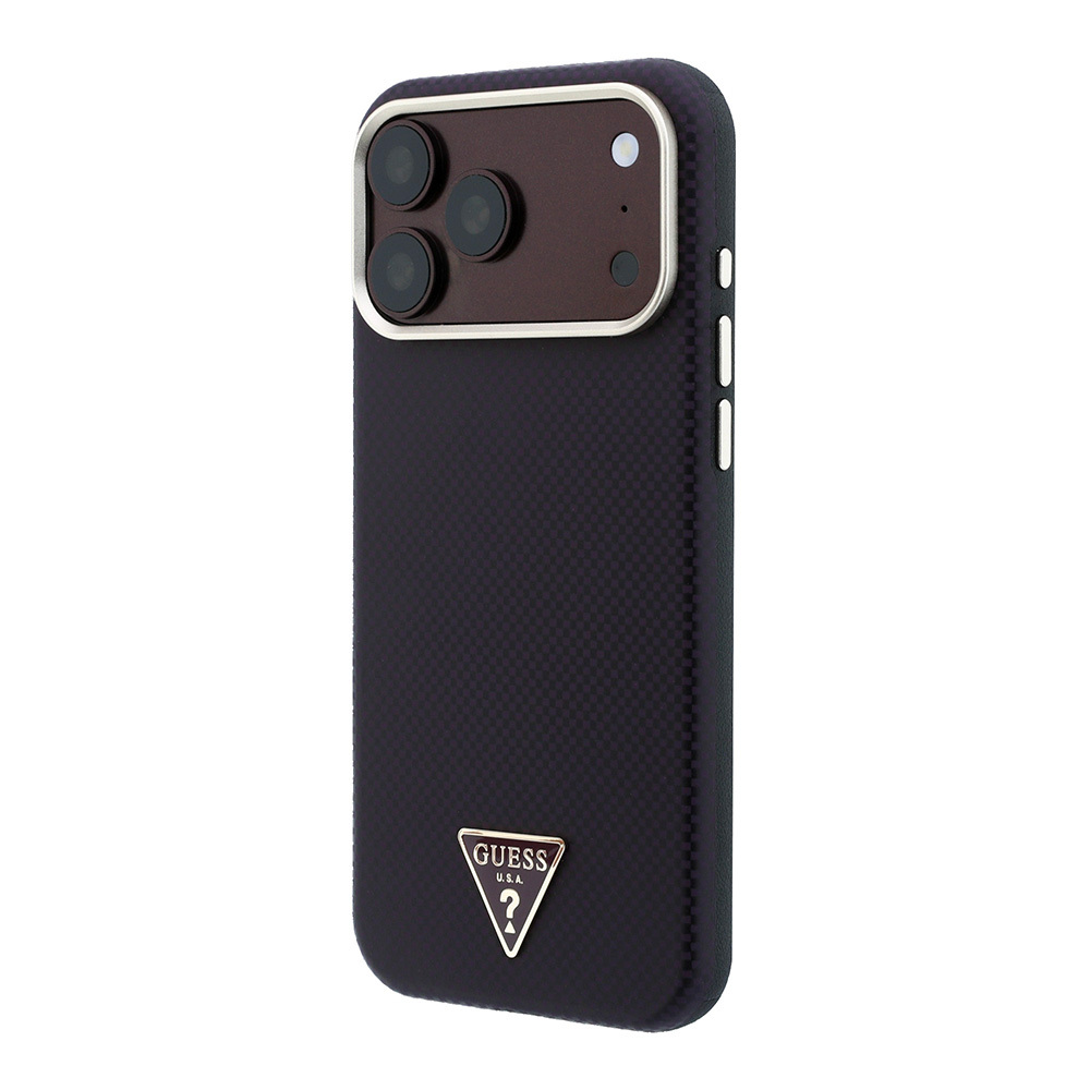 Apple iPhone 18 Pro Kılıf Guess Orjinal Lisanslı M-safe Şarj Özellikli PU Metal Üçgen Logolu Karbon Fiber Kevlar Kapak - 1