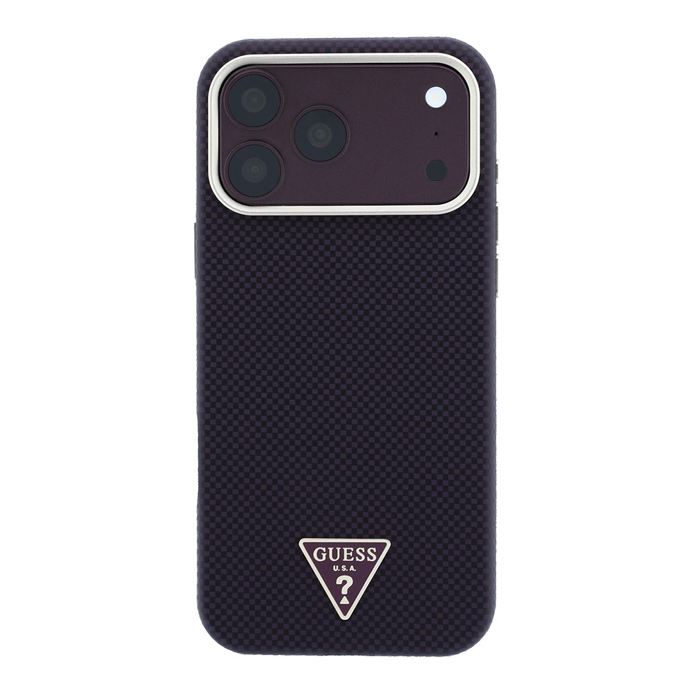 Apple iPhone 18 Pro Kılıf Guess Orjinal Lisanslı M-safe Şarj Özellikli PU Metal Üçgen Logolu Karbon Fiber Kevlar Kapak - 2