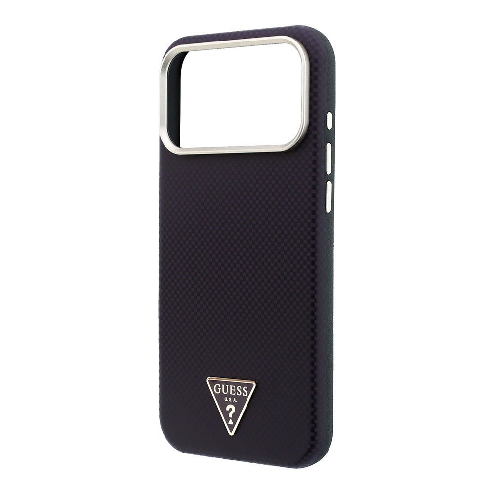 Apple iPhone 18 Pro Kılıf Guess Orjinal Lisanslı M-safe Şarj Özellikli PU Metal Üçgen Logolu Karbon Fiber Kevlar Kapak - 5