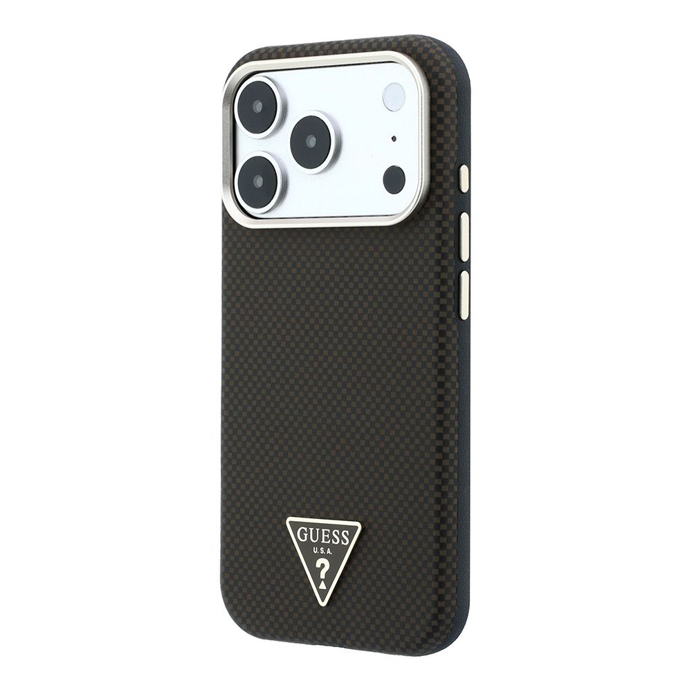 Apple iPhone 18 Pro Kılıf Guess Orjinal Lisanslı M-safe Şarj Özellikli PU Metal Üçgen Logolu Karbon Fiber Kevlar Kapak - 1