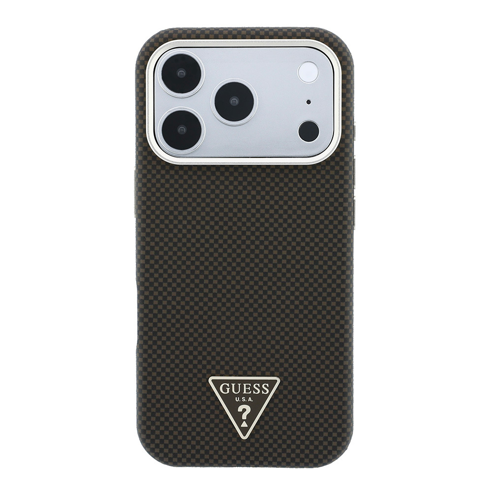 Apple iPhone 18 Pro Kılıf Guess Orjinal Lisanslı M-safe Şarj Özellikli PU Metal Üçgen Logolu Karbon Fiber Kevlar Kapak - 2