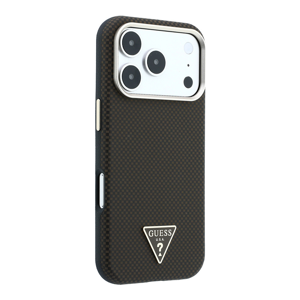 Apple iPhone 18 Pro Kılıf Guess Orjinal Lisanslı M-safe Şarj Özellikli PU Metal Üçgen Logolu Karbon Fiber Kevlar Kapak - 3