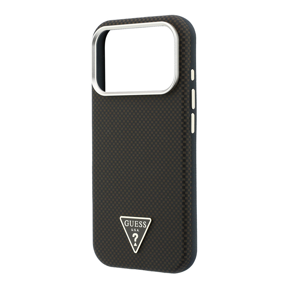 Apple iPhone 18 Pro Kılıf Guess Orjinal Lisanslı M-safe Şarj Özellikli PU Metal Üçgen Logolu Karbon Fiber Kevlar Kapak - 5
