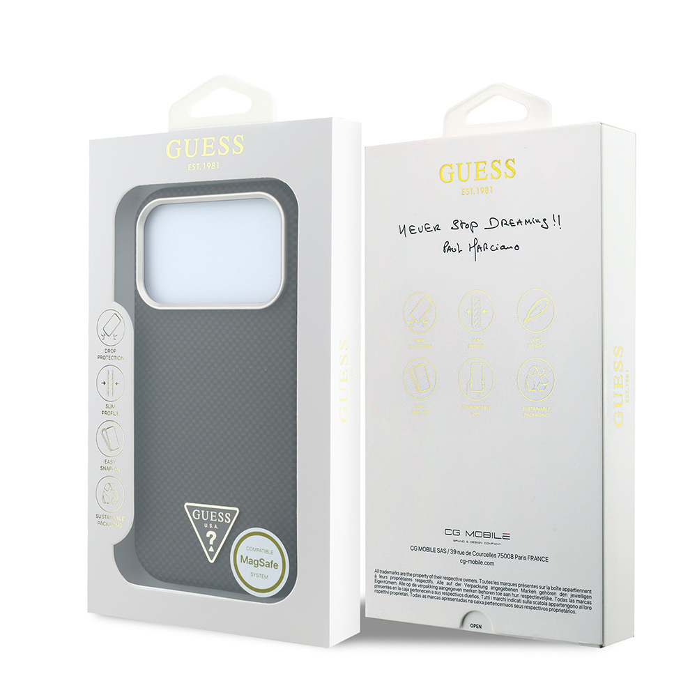 Apple iPhone 18 Pro Kılıf Guess Orjinal Lisanslı M-safe Şarj Özellikli PU Metal Üçgen Logolu Karbon Fiber Kevlar Kapak - 7