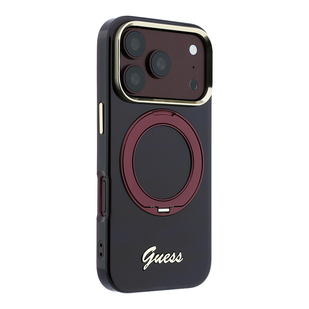 Apple iPhone 18 Pro Max Kılıf Guess Orjinal Lisanslı M-safe Şarj Özellikli 360 Derece Dönebilen Standlı Metal Yazı Logolu Silikon Kapak - 5