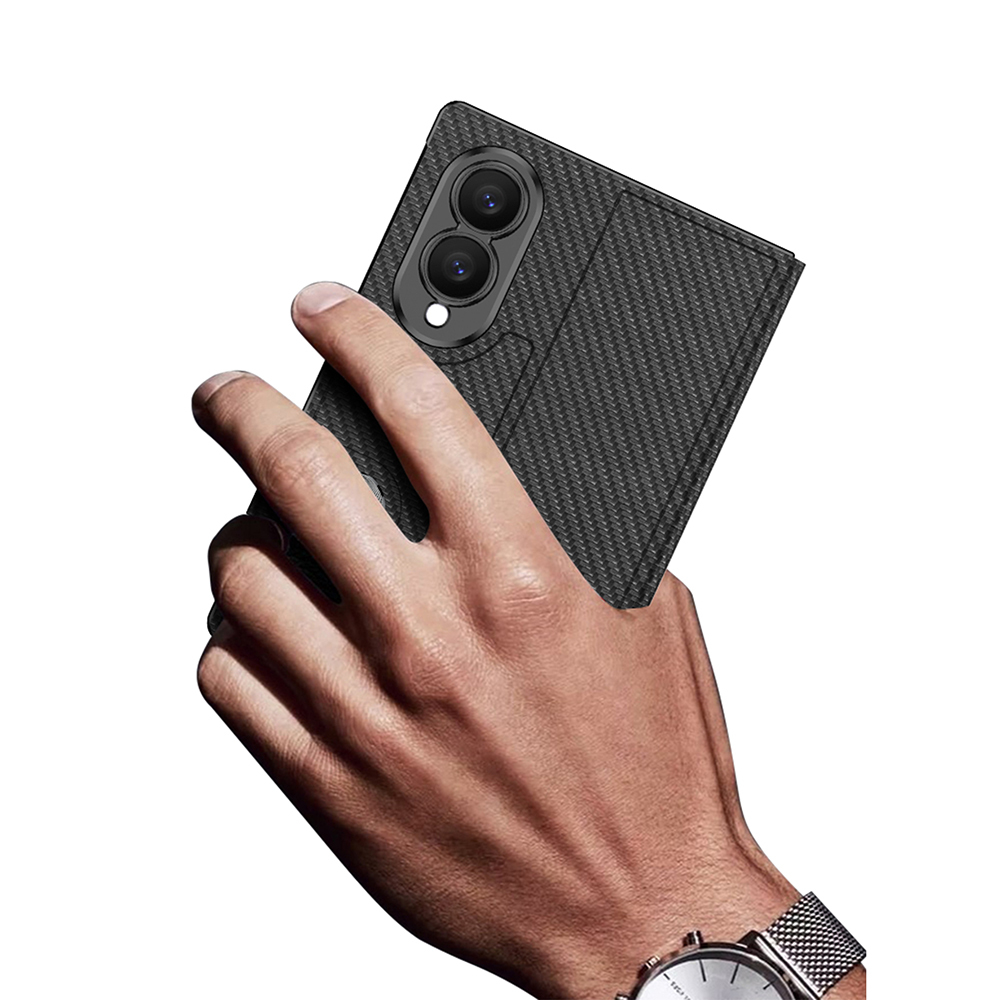 Galaxy Z Fold 8 Kılıf Karbon Fiber Tasarımlı Magnetik Tokalı Kartlıklı Zore Kıpta Zegna Kapak - 3