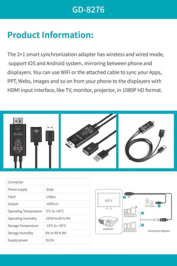 Go Des GD-8276 Wireless Display Dongle Phone Full HDTV Kablo - 1