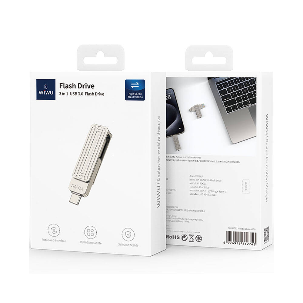 Wiwu Wi-FD001 3in1 USB3.2 Sürücü Disk USB-A + Lightning + Type-C OTG 256 GB - 8