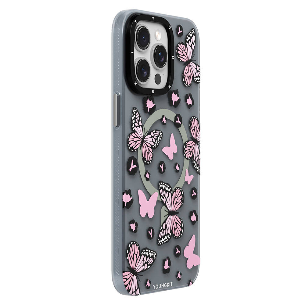 Apple iPhone 14 Pro Max Uyumlu Kılıf Magsafe Şarj Özellikli Kelebek Desenli Youngkit Shadow Dance Serisi Kapak - 1