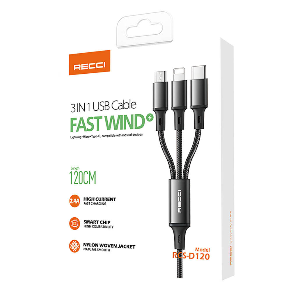 Recci RCS-D120 Fast Wind Serisi 3in1 USB-A to Lightning – Type-C – Micro Şarj ve Data Kablosu 1.2M - 8
