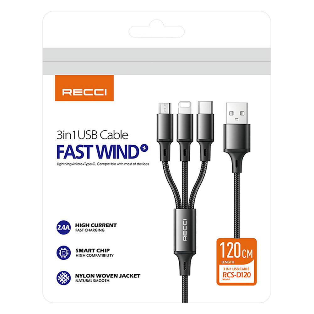 Recci RCS-D120 Fast Wind Serisi 3in1 USB-A to Lightning – Type-C – Micro Şarj ve Data Kablosu 1.2M - 9