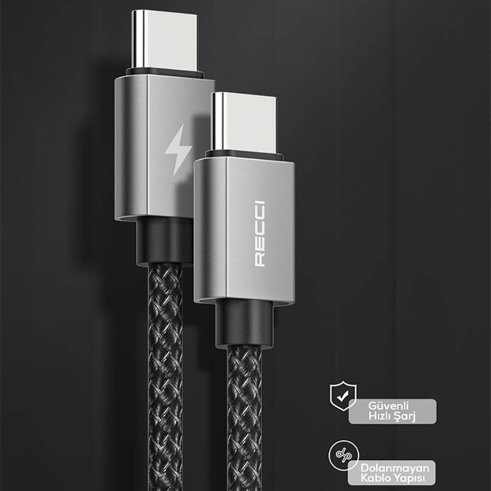 Recci RTC-P08CC Type-C to Type-C PD 100W 5A Hızlı Şarj Naylon Örgü Tasarım Şarj ve Data Kablosu 1.5M - 4