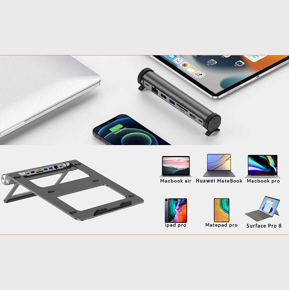 Wiwu A821CH 8in1 Hub Bağlantı İstasyonlu Notebook Laptop Standı PD3.0/USB3.0/RJ45 (1000Mbps)/SD/TF/HDMI (4K@30Hz) - 6