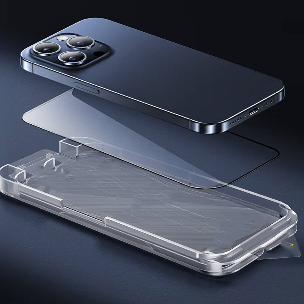 Apple iPhone 15 Pro Max Uyumlu Wiwu SQ-008 Oleofobik Easy Install Darbeye Karşı Dayanıklı Temperli Cam Ekran Koruyucu + Kolay Uygulama Aparatlı - 9
