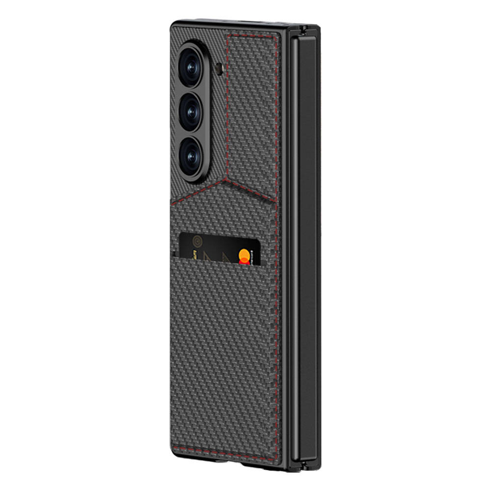 Samsung Galaxy Z Fold 6 Uyumlu Kılıf Karbon Fiber Kartlıklı Zore Kıpta Dik Açılan Kartlıklı Kapak - 1