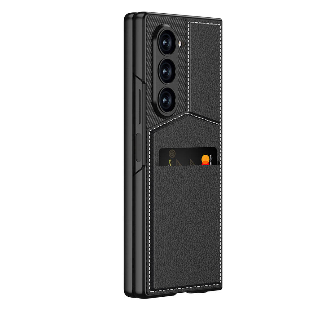 Samsung Galaxy Z Fold 6 Uyumlu Kılıf Karbon Fiber Deri Kartlıklı Zore Kıpta Dik Açılan Kartlıklı Kapak - 3