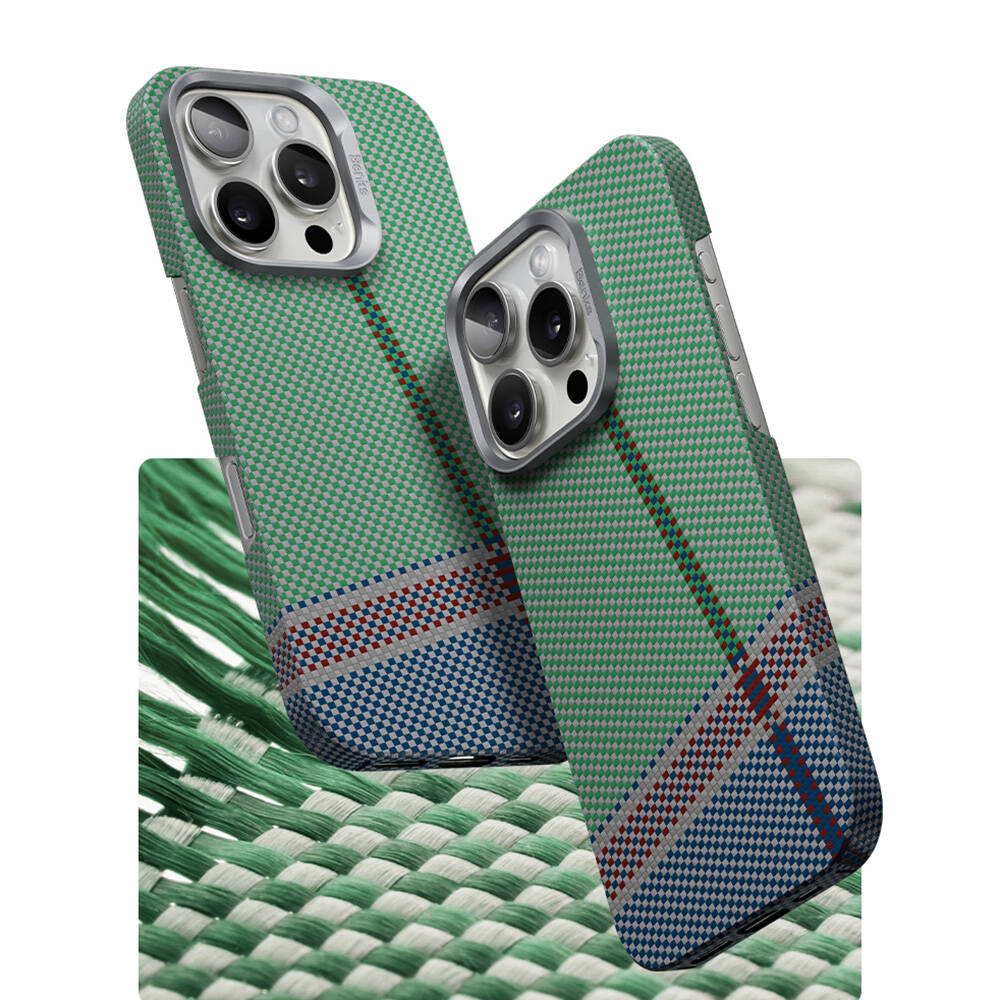 Apple iPhone 16 Pro Max Kılıf Magsafe Şarj Özellikli Karbon Fiber Tasarımlı Benks Passion Green ArmorAir Kevlar Kapak - 2