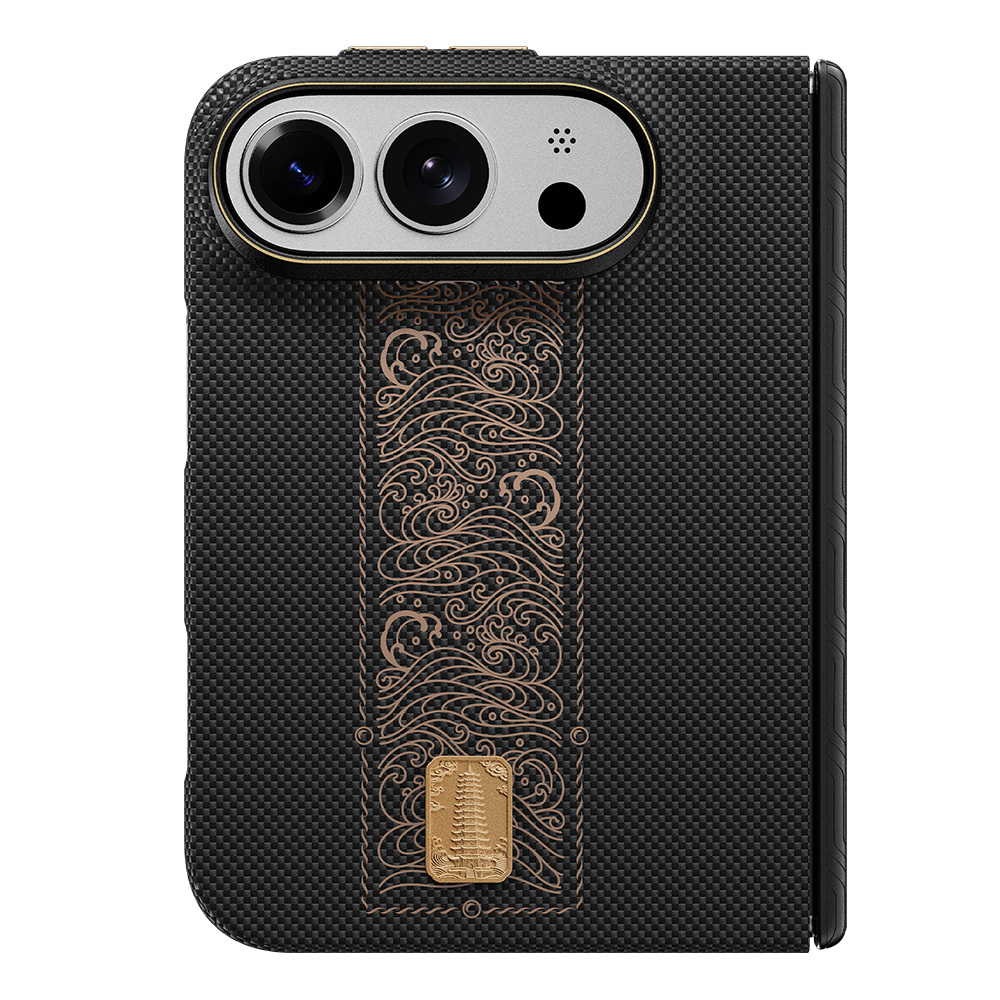Apple iPhone Duo (Fold) Kılıf M-safe Şarj Özellikli Raptic Aramid SkinPro Rise Serisi 24 Ayar Altın Kaplamalı Karbon Kapak - 2