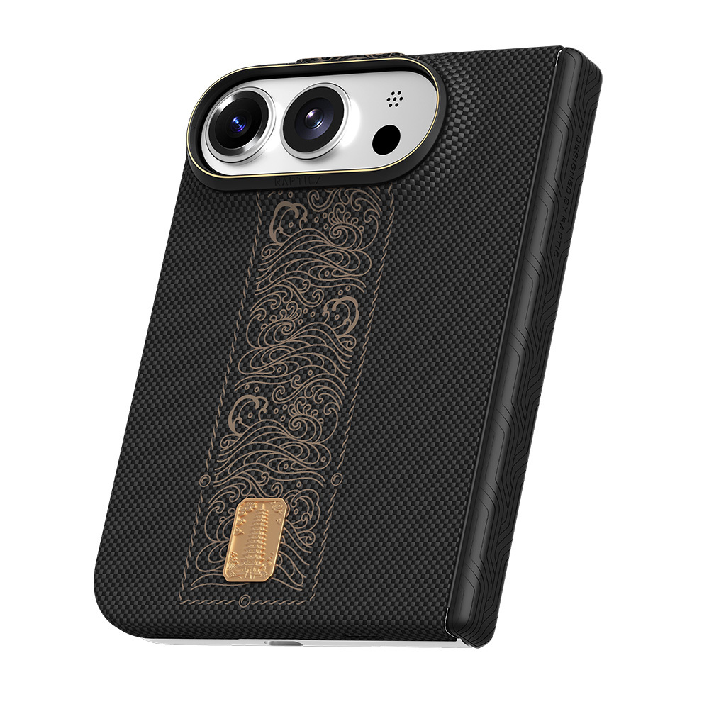 Apple iPhone Duo (Fold) Kılıf M-safe Şarj Özellikli Raptic Aramid SkinPro Rise Serisi 24 Ayar Altın Kaplamalı Karbon Kapak - 3
