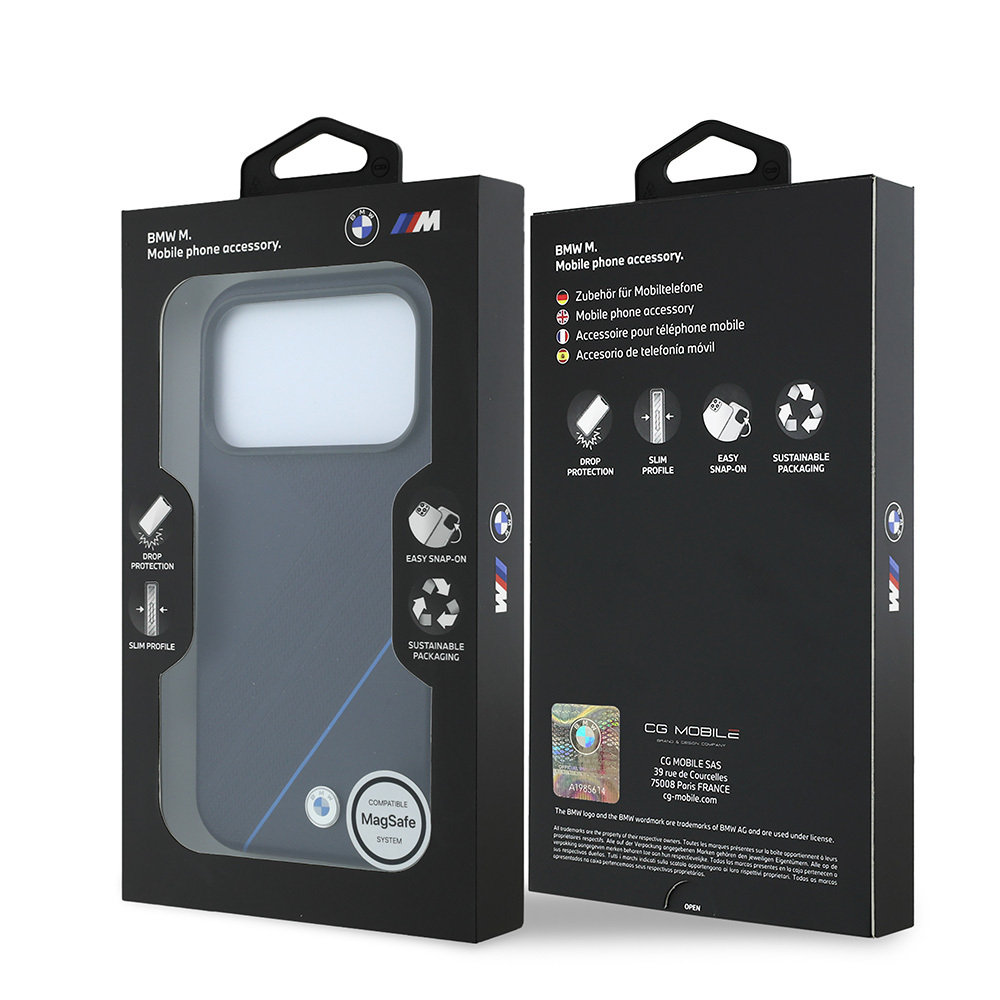 Apple iPhone 18 Pro Max Kılıf BMW Orjinal Lisanslı M-safe Şarj Özellikli M Logolu Lastik İzi Desenli Mavi Çizgili Kapak - 7