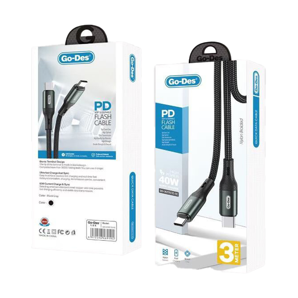 Go Des GD-UC575 Type-C to Type-C PD Örgü Tasarımlı Hızlı Şarj Özellikli Data ve Şarj Kablosu 40W 3M - 1