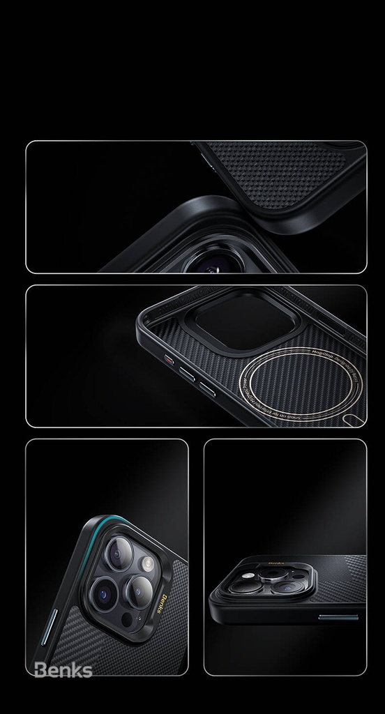 Apple iPhone 16 Pro Max Kılıf Magsafe Şarj Özellikli Karbon Fiber Benks Montage Hybrid ArmorPro Kevlar Kapak - 3
