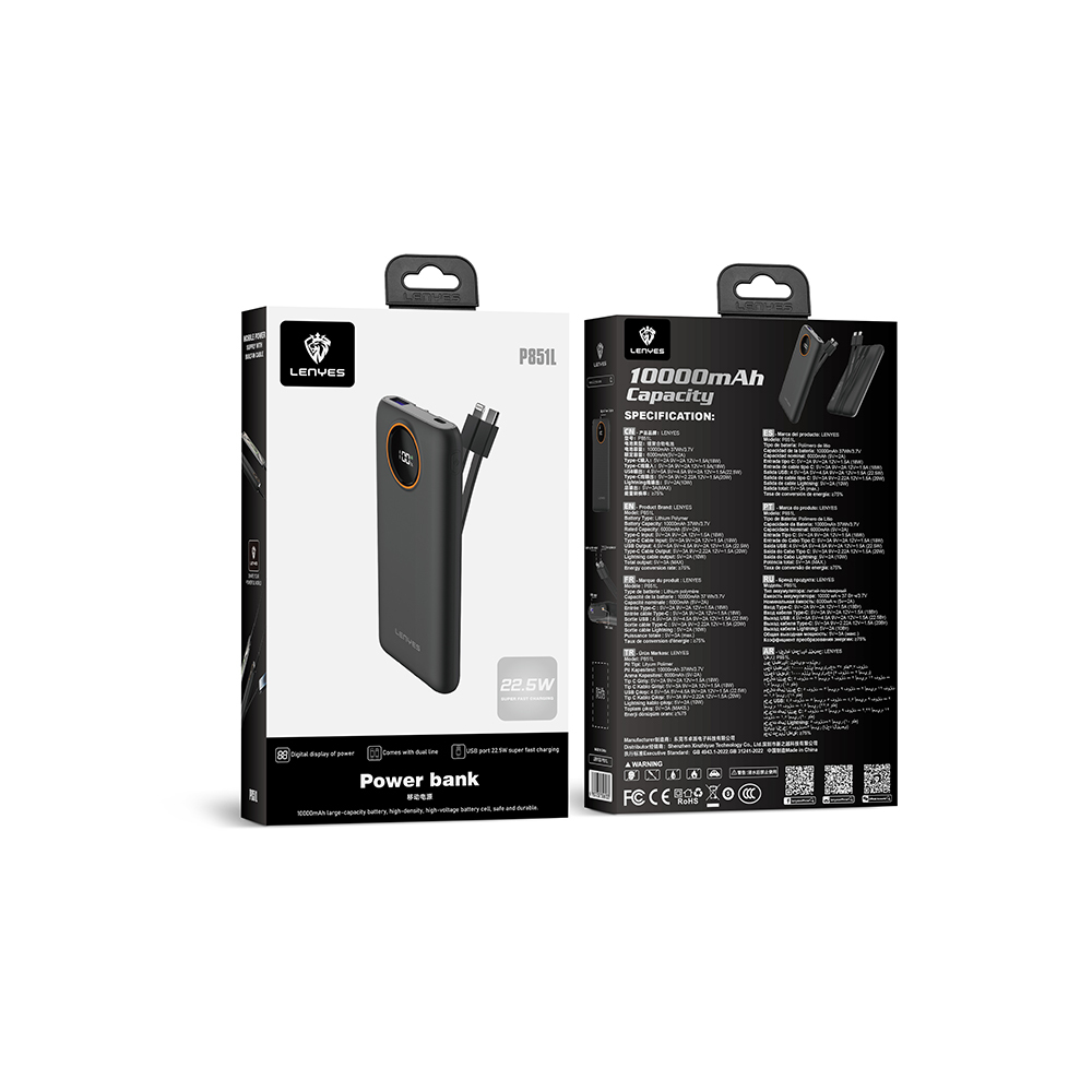 Lenyes P851L Dijital LED Göstergeli Type-C ve Lightning Kablolu Powerbank 22.5W 10000mAh - 6