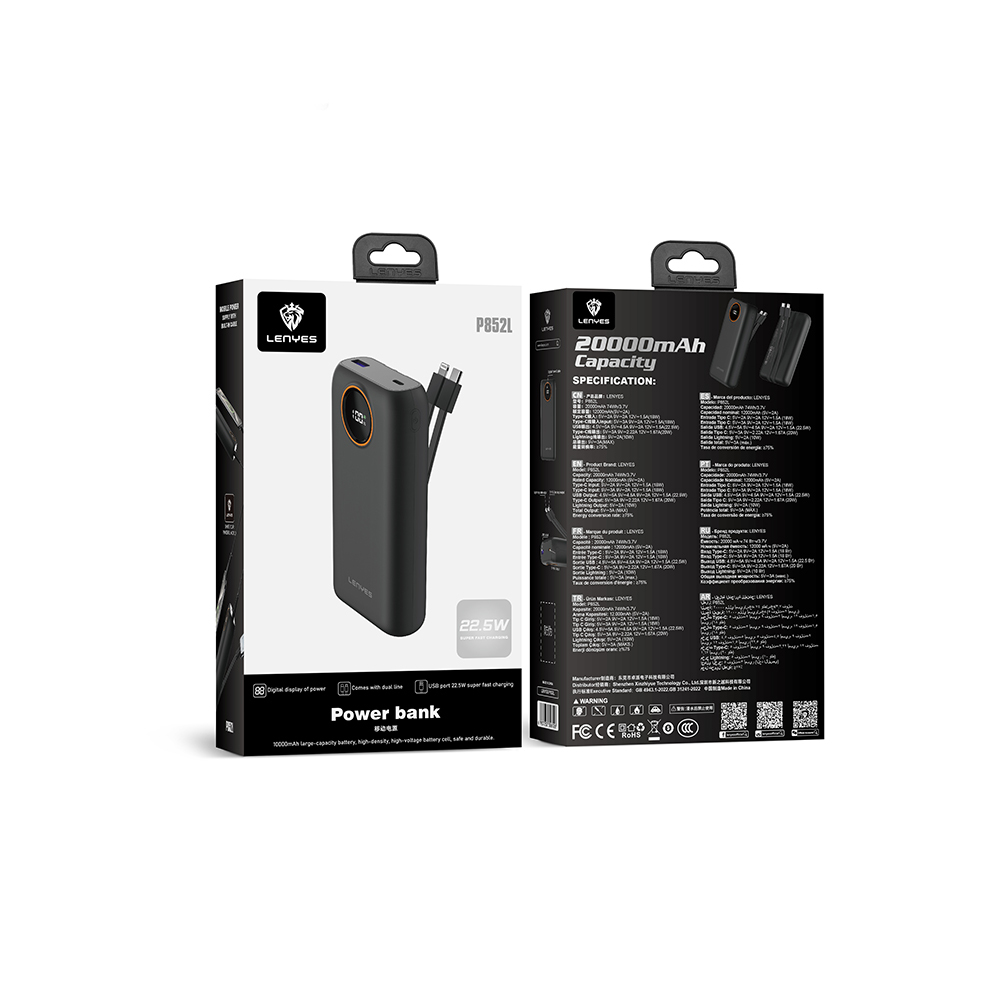 Lenyes P852L Dijital LED Göstergeli Type-C ve Lightning Kablolu Powerbank 22.5W 20000mAh - 6