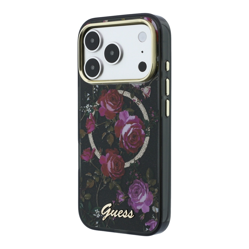 Apple iPhone 18 Pro Kılıf Guess Orjinal Lisanslı M-safe Şarj Özellikli Gül Desenli Simli Yazı Logolu Kapak - 1