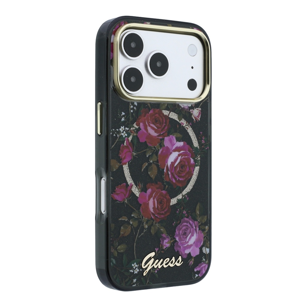 Apple iPhone 18 Pro Kılıf Guess Orjinal Lisanslı M-safe Şarj Özellikli Gül Desenli Simli Yazı Logolu Kapak - 3