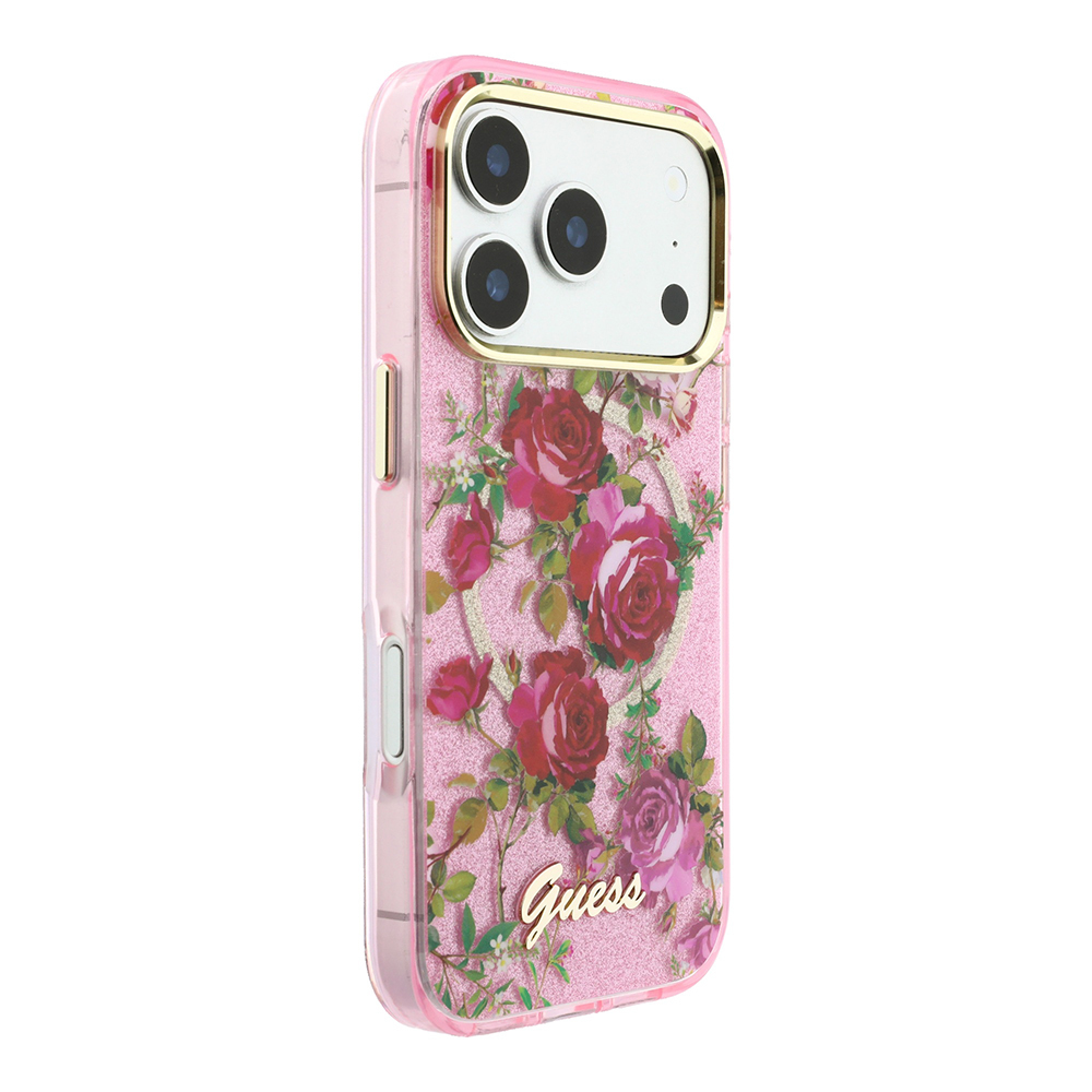 Apple iPhone 18 Pro Kılıf Guess Orjinal Lisanslı M-safe Şarj Özellikli Gül Desenli Simli Yazı Logolu Kapak - 3