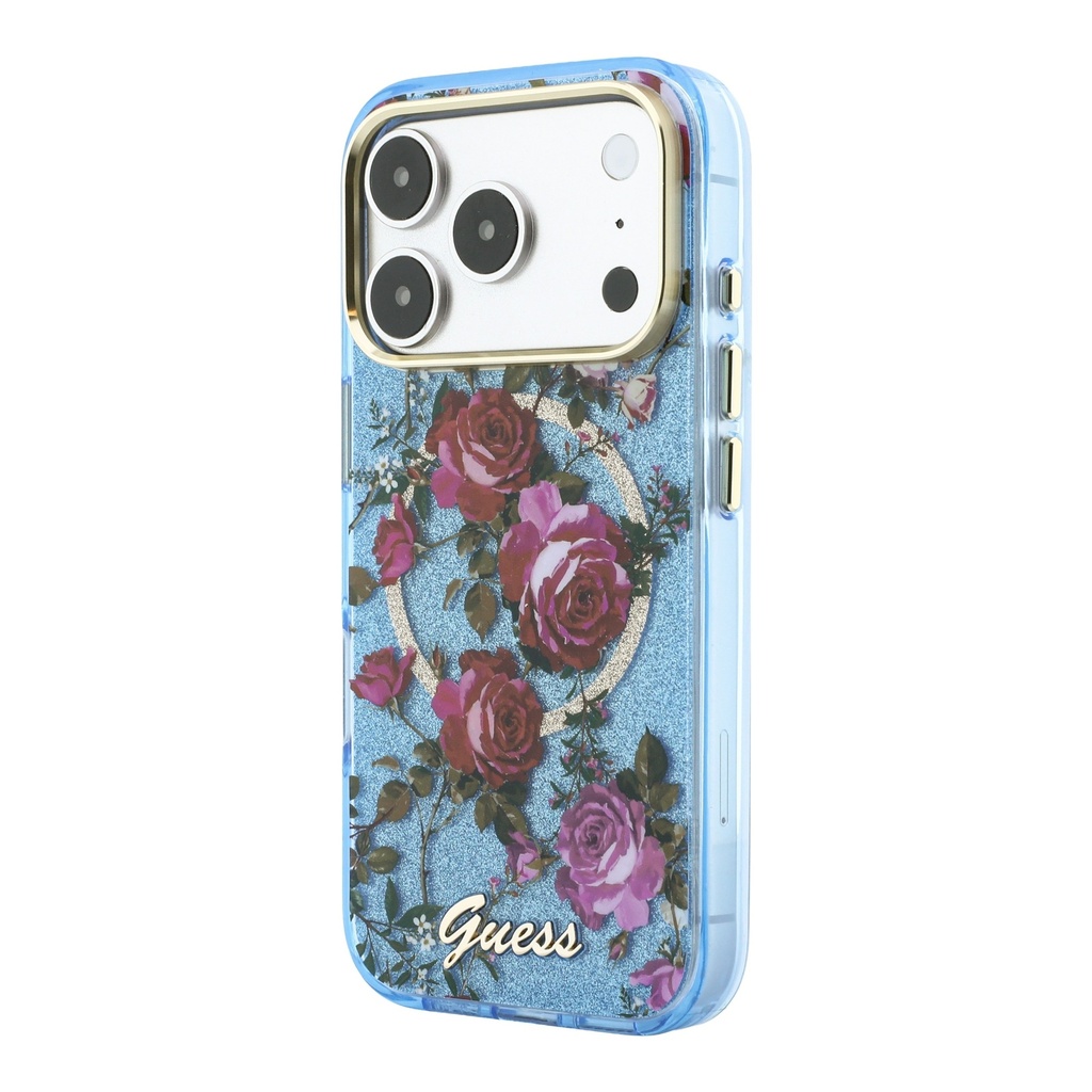 Apple iPhone 18 Pro Kılıf Guess Orjinal Lisanslı M-safe Şarj Özellikli Gül Desenli Simli Yazı Logolu Kapak - 1