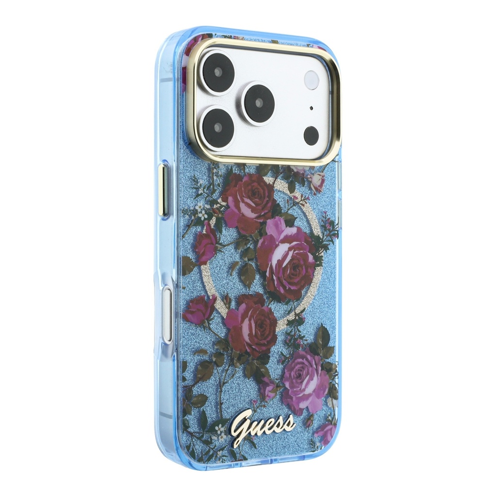 Apple iPhone 18 Pro Kılıf Guess Orjinal Lisanslı M-safe Şarj Özellikli Gül Desenli Simli Yazı Logolu Kapak - 3
