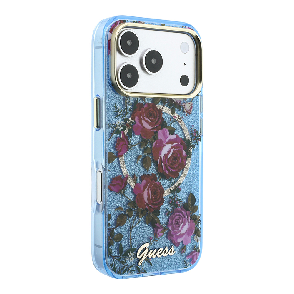 Apple iPhone 18 Pro Max Kılıf Guess Orjinal Lisanslı M-safe Şarj Özellikli Gül Desenli Simli Yazı Logolu Kapak - 3