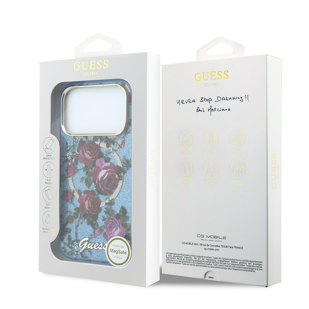 Apple iPhone 18 Pro Max Kılıf Guess Orjinal Lisanslı M-safe Şarj Özellikli Gül Desenli Simli Yazı Logolu Kapak - 7