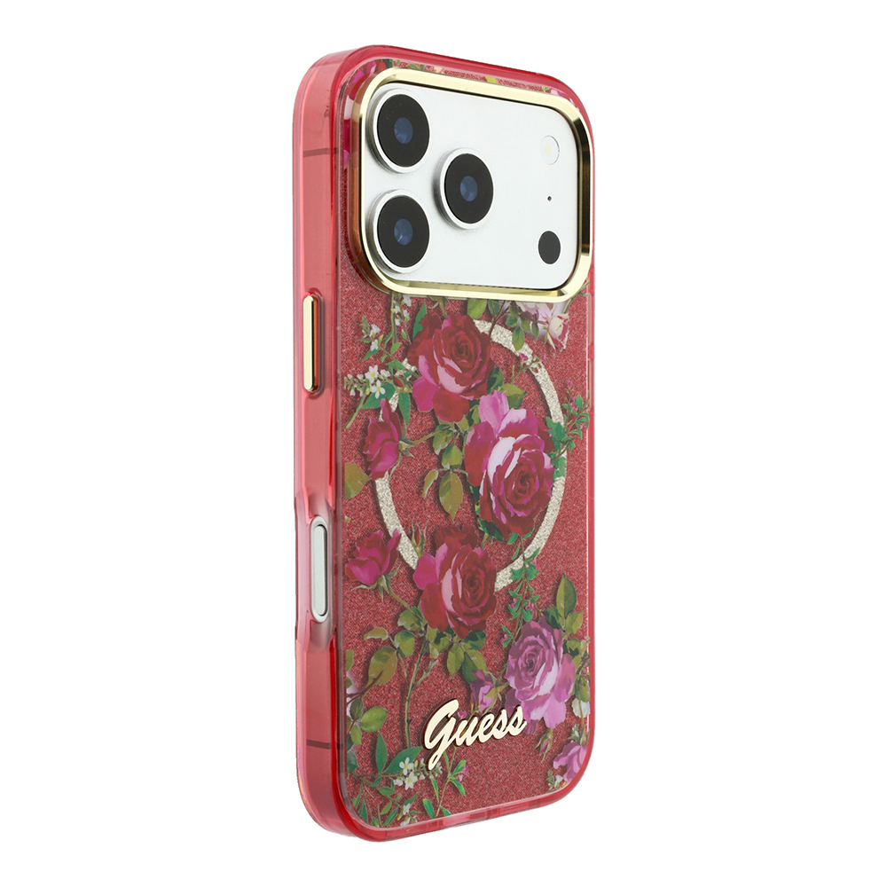 Apple iPhone 18 Pro Max Kılıf Guess Orjinal Lisanslı M-safe Şarj Özellikli Gül Desenli Simli Yazı Logolu Kapak - 3