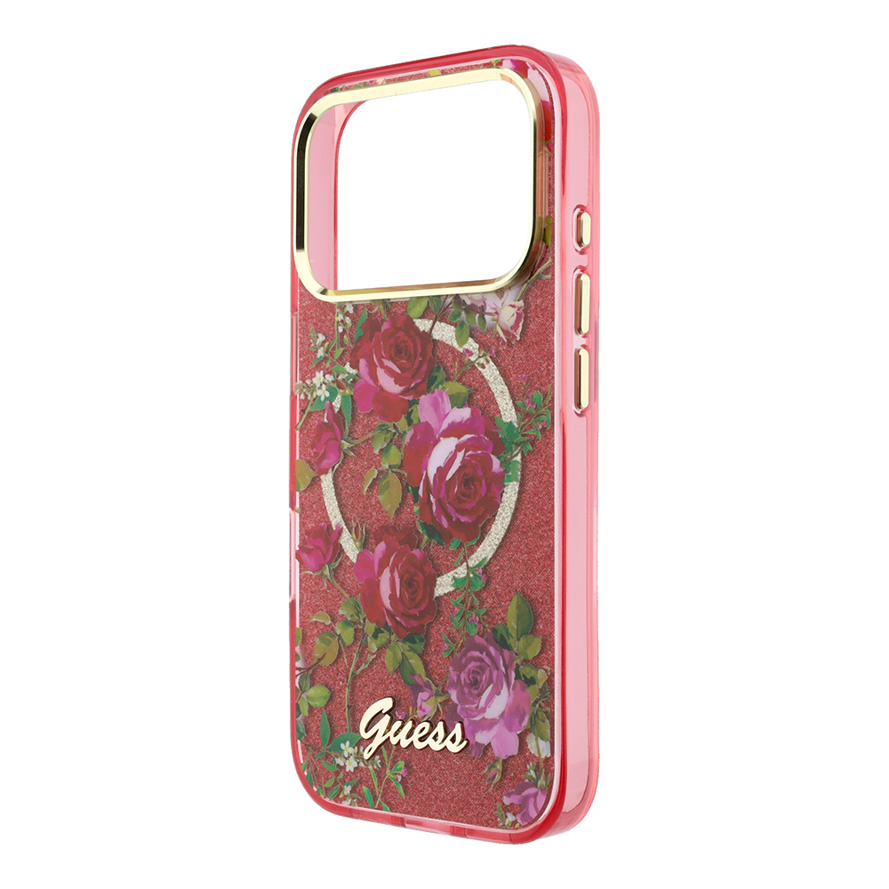 Apple iPhone 18 Pro Max Kılıf Guess Orjinal Lisanslı M-safe Şarj Özellikli Gül Desenli Simli Yazı Logolu Kapak - 5
