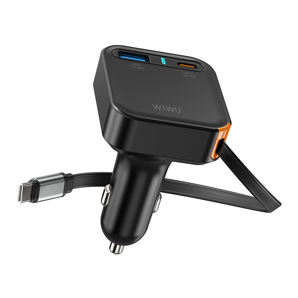 Wiwu Wi-CC033 Type-C + USB-A Hızlı Şarj Özellikli Akım Korumalı Dahili Kablolu Araç Şarj Aleti 65W - 1
