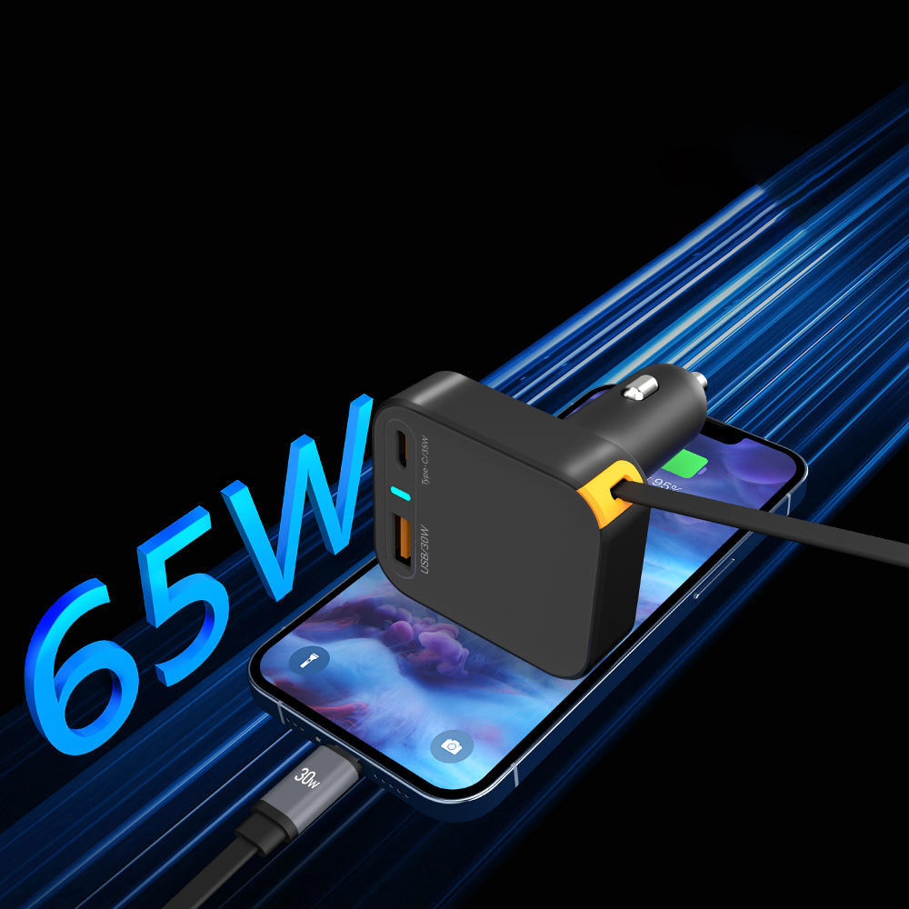 Wiwu Wi-CC033 Type-C + USB-A Hızlı Şarj Özellikli Akım Korumalı Dahili Kablolu Araç Şarj Aleti 65W - 4
