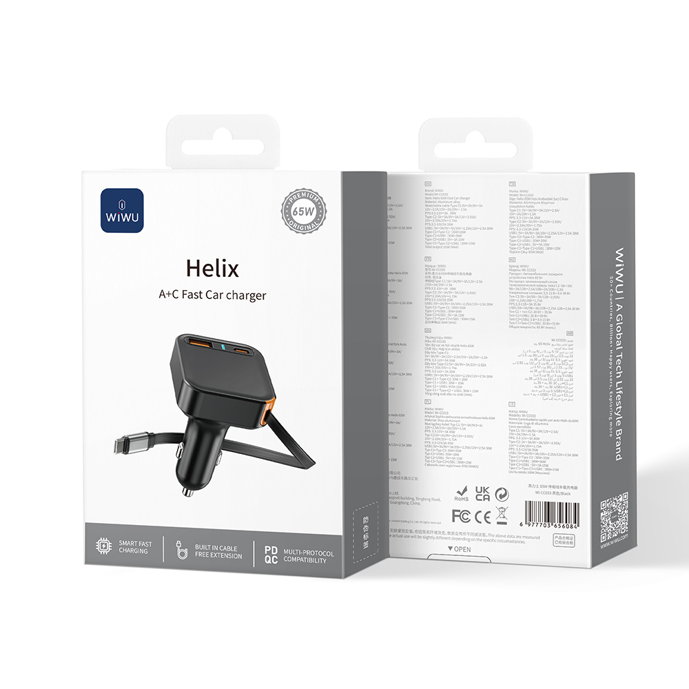 Wiwu Wi-CC033 Type-C + USB-A Hızlı Şarj Özellikli Akım Korumalı Dahili Kablolu Araç Şarj Aleti 65W - 5