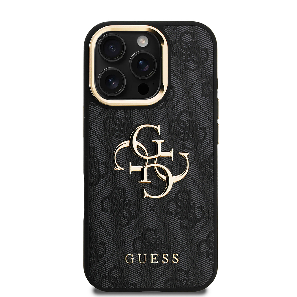 Apple iPhone 16 Pro Uyumlu Kılıf Guess Orjinal Lisanslı PU Deri 4G Desenli Metal Büyük 4G ve Yazı Logolu Kamera Standlı Kapak - 16