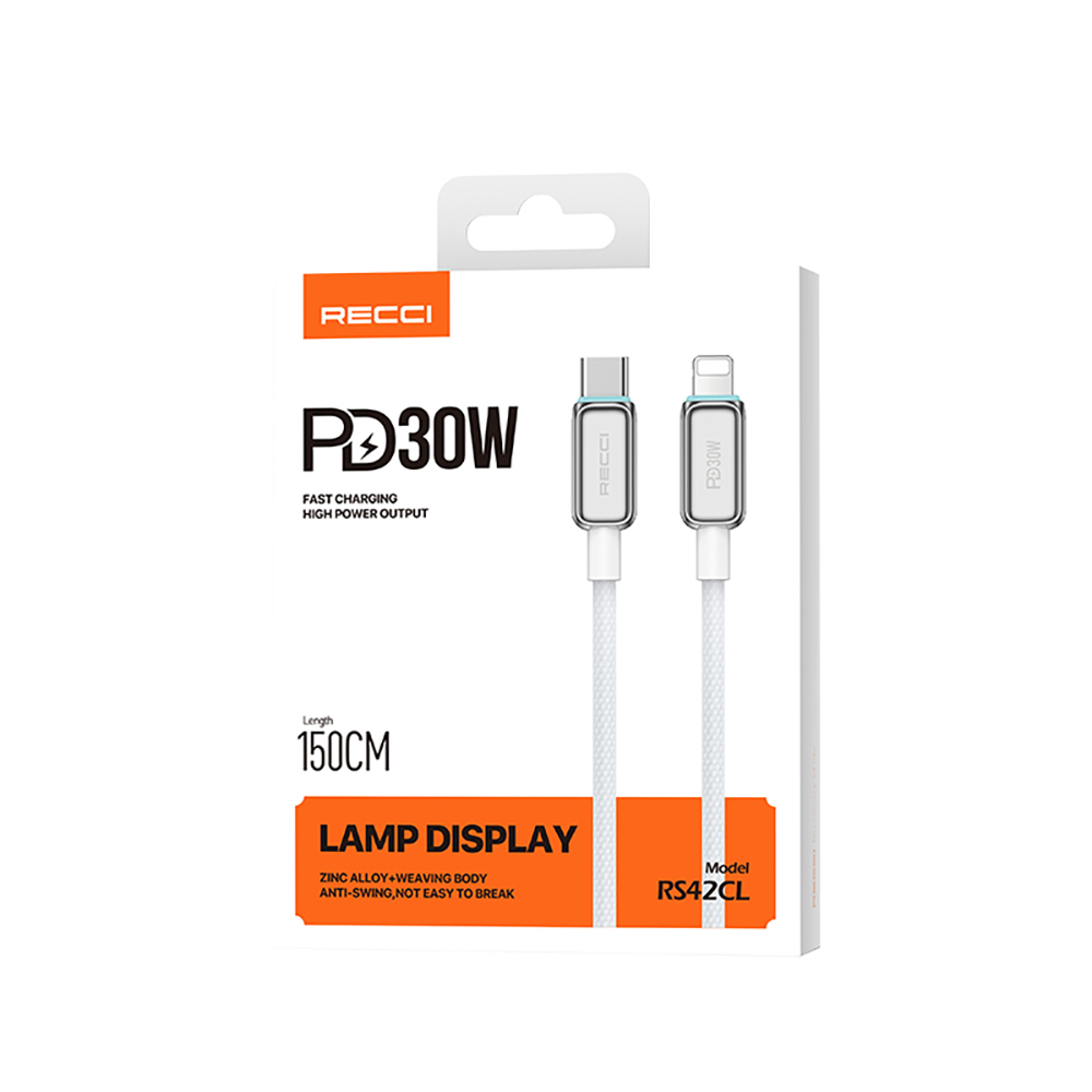 Recci RS42CL Lamp Display Serisi Type-C to Lightning PD 30W Hızlı Şarj Özellikli Data ve Şarj Kablosu 1.5M - 8