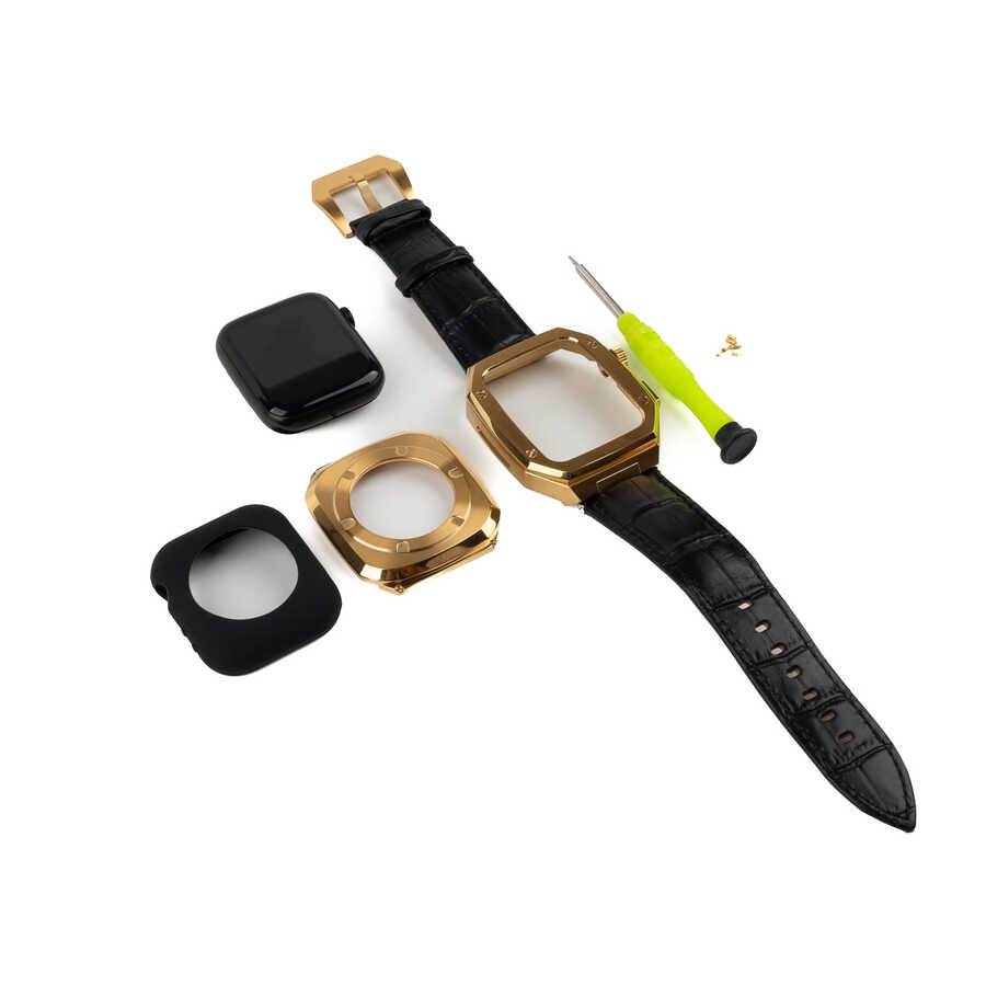 ​​​Apple Watch 7 45mm Uyumlu Kordon Deri Kordon Metal Kasa Korumalı Luxury KRD-67 Kayış - 2