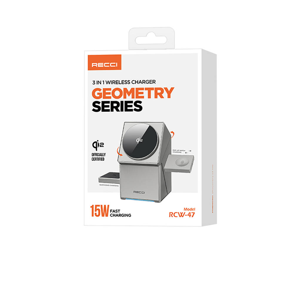 Recci RCW-47 Geometry Serisi Qi2 Şarj Teknolojili Rubik Küp Ambiyans Işıklı Telefon&Akıllı Saat&Kulaklık 15W 3in1 Kablosuz Şarj Standı - 1