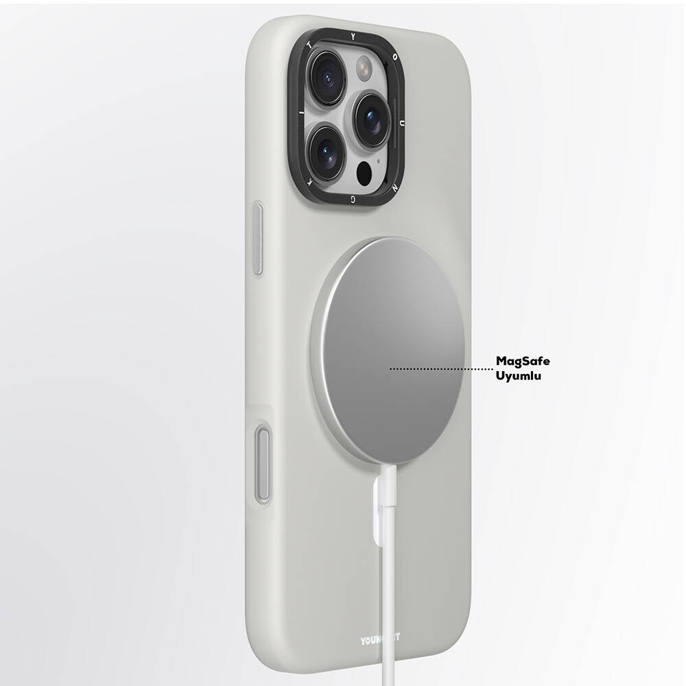 Apple iPhone 16 Pro Max Uyumlu Kılıf Magsafe Şarj Özellikli Kamera Standlı Silikon Youngkit Bitty Cream Kapak - 6