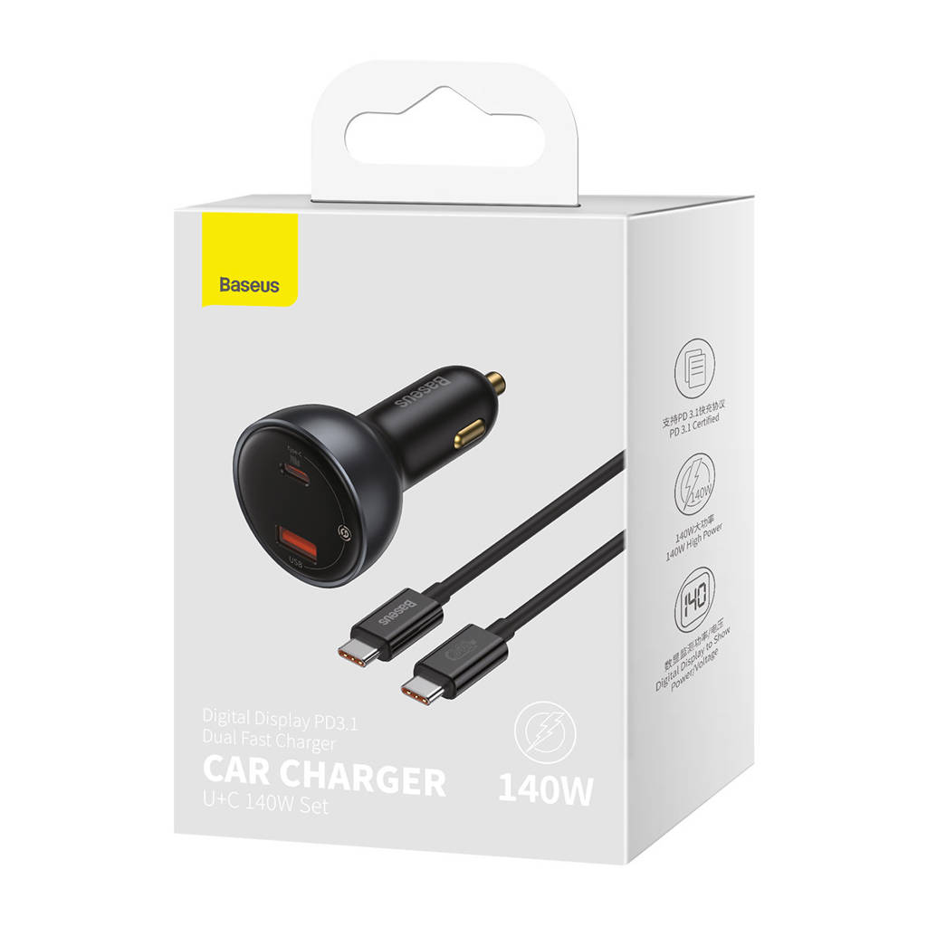 Baseus Digital Göstergeli PD 3.1 140W Çift Çıkışlı Araç İçi Ultra Hızlı Şarj Seti (USB-C + USB-A) | Obsidian
