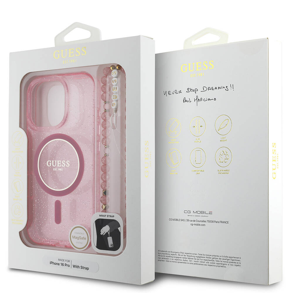 Apple iPhone 16 Pro Uyumlu Kılıf Guess Orjinal Lisanslı M-safe Şarj Özellikli Simli Silikon İnci Bileklikli Kapak - 22