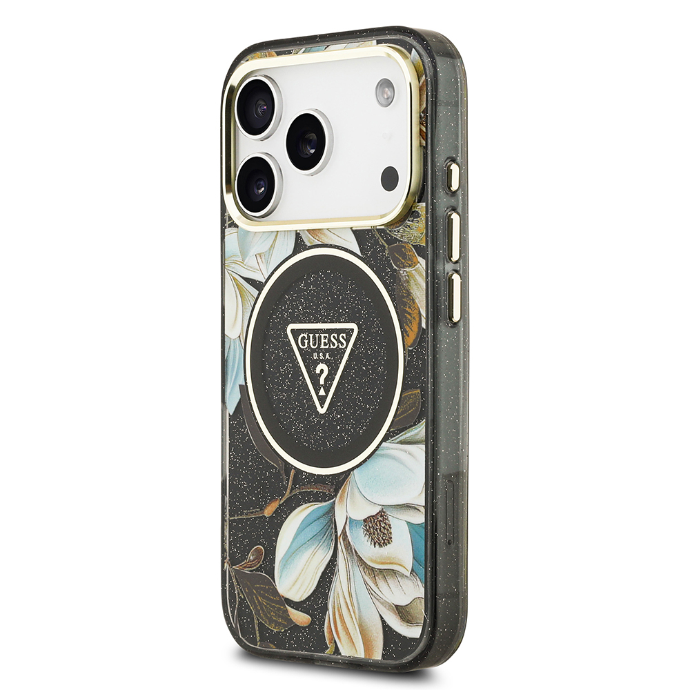 Apple iPhone 17 Pro Uyumlu Kılıf Guess Orjinal Lisanslı M-safe Şarj Özellikli Simli Çiçek Desenli Metal Kamera Çerçeveli Üçgen Logolu Kapak - 7