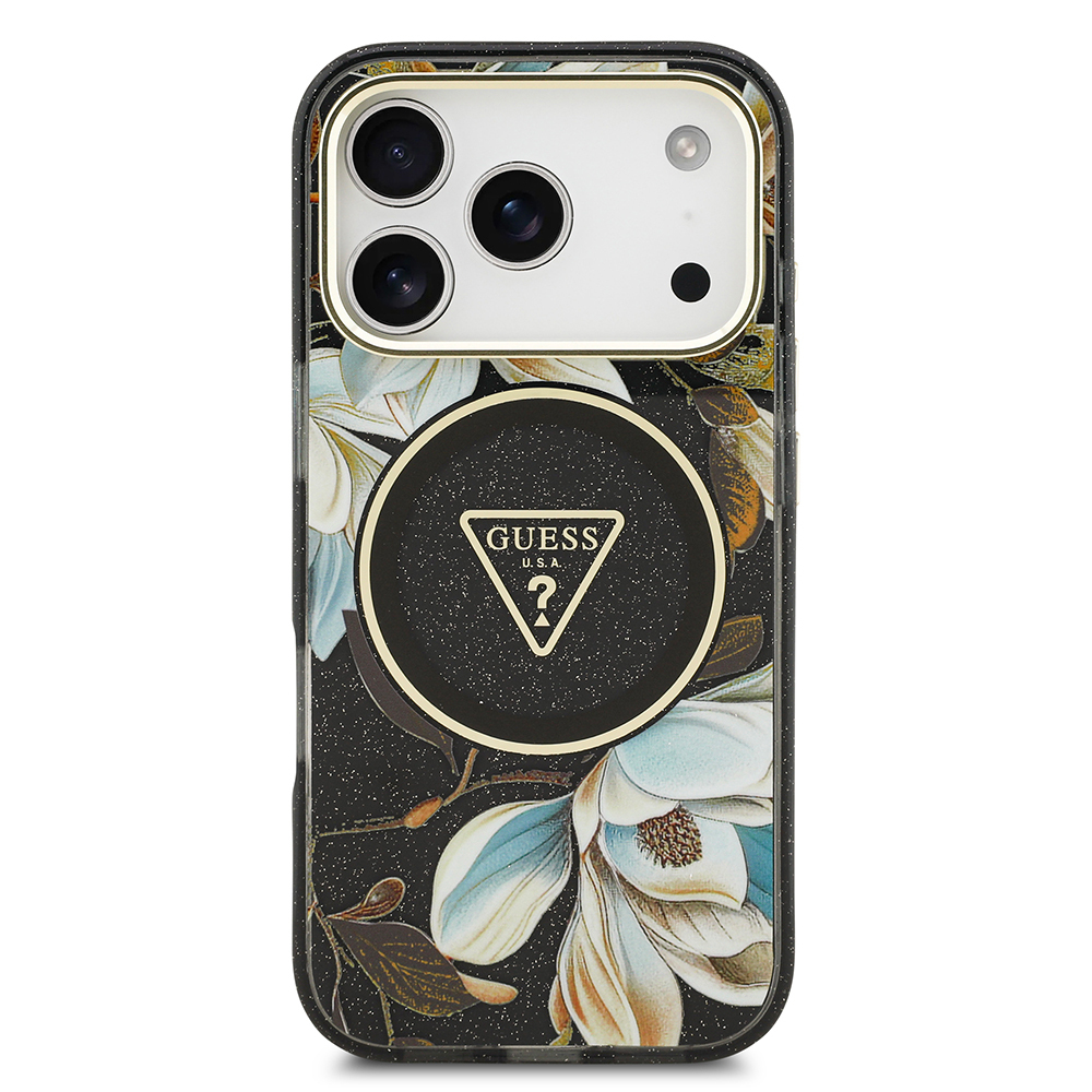 Apple iPhone 17 Pro Uyumlu Kılıf Guess Orjinal Lisanslı M-safe Şarj Özellikli Simli Çiçek Desenli Metal Kamera Çerçeveli Üçgen Logolu Kapak - 8